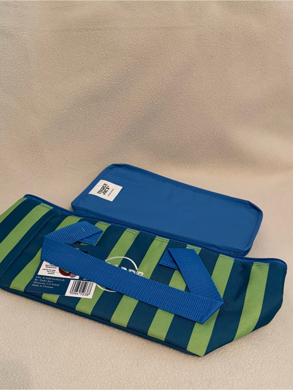 Trader Joe’s Striped Mini Insulated Tote Bag Blue and Green Striped NEW Limited